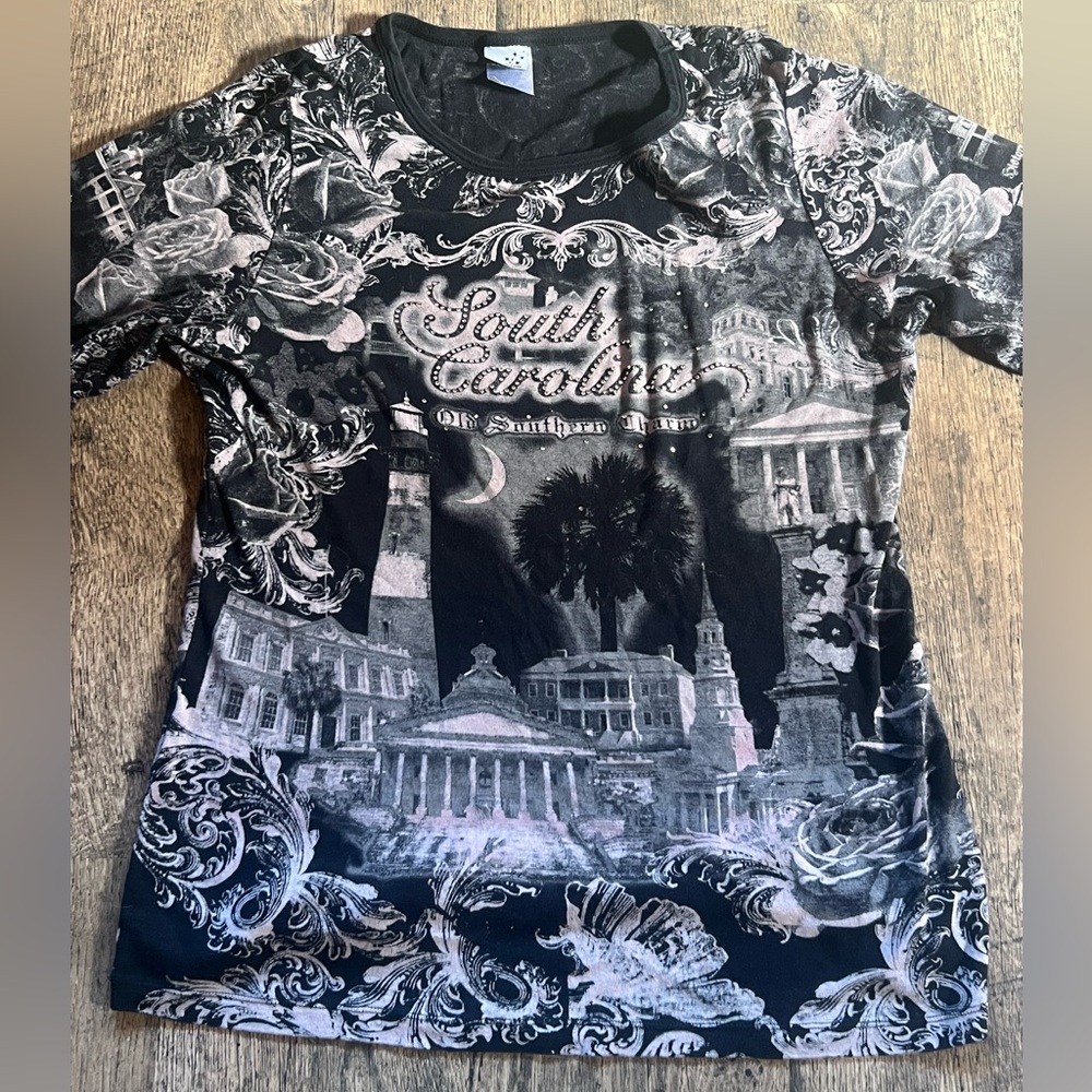 Vintage Y2k Gothic grunge South Carolina Bling rhinestone shirt 3/4 sleeves